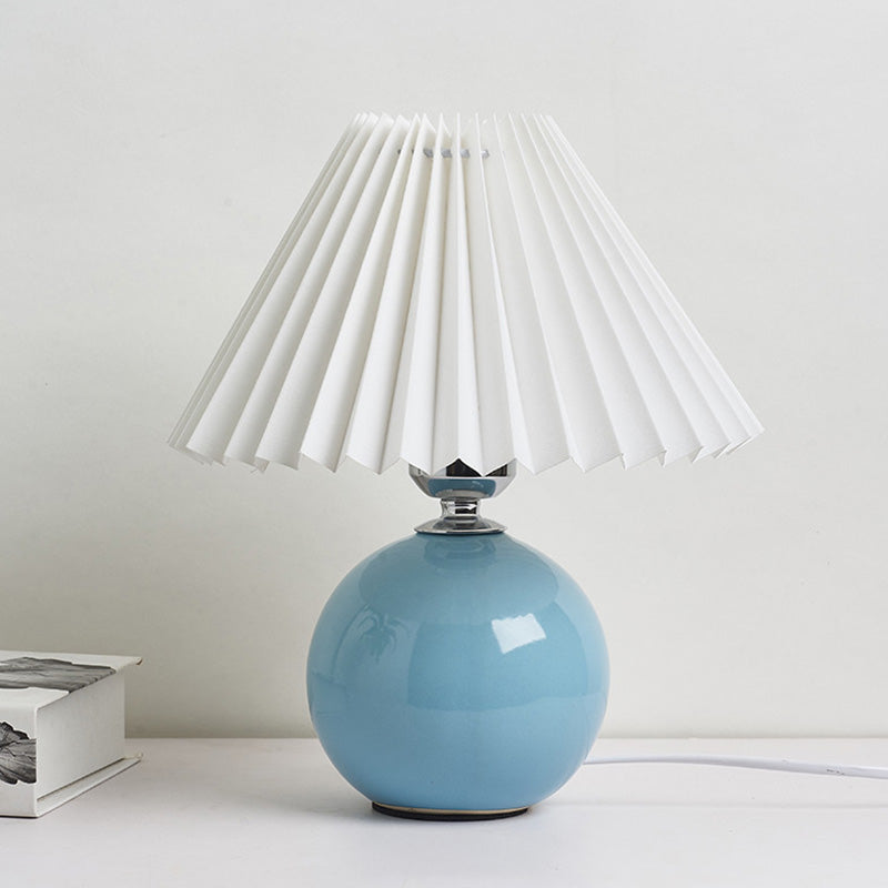Globe Bedside Table Lamp Ceramic Modern Nightstand Lighting with Conical Pleated Shade White C Clearhalo 'Lamps' 'Table Lamps' Lighting' 2064482