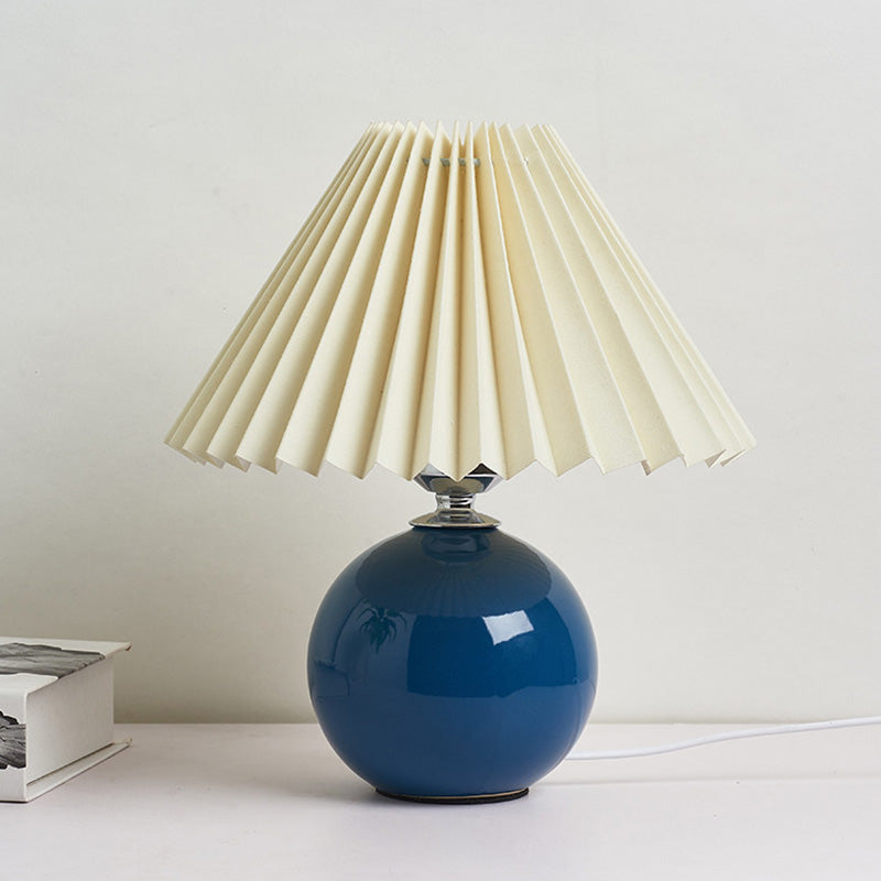 Globe Bedside Table Lamp Ceramic Modern Nightstand Lighting with Conical Pleated Shade Royal Blue C Clearhalo 'Lamps' 'Table Lamps' Lighting' 2064497