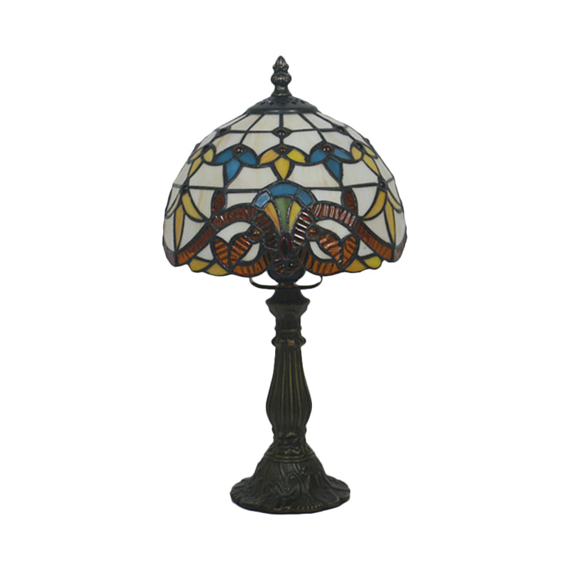 Tiffany Table Lamp with Bowl-Shaped Stained Art Glass in Yellow/Blue and Baluster - 15" Length, 8" Width, 15 Inch & Under Height