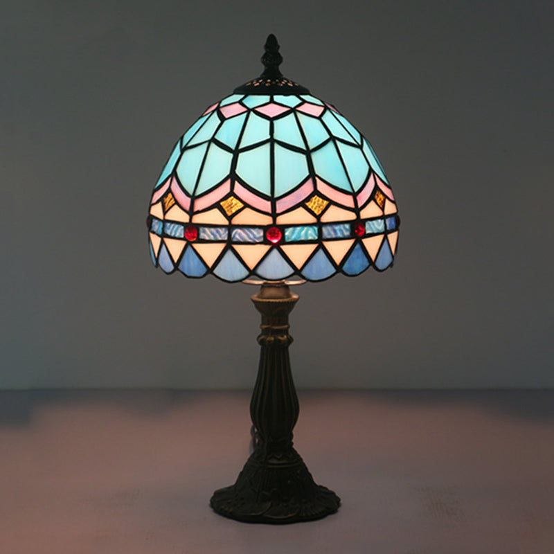 Tiffany Table Lamp with Bowl-Shaped Stained Art Glass in Yellow/Blue and Baluster - 15" Length, 8" Width, 15 Inch & Under Height