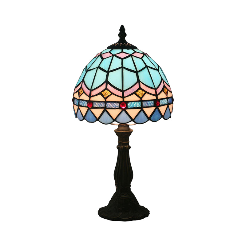 Tiffany Table Lamp with Bowl-Shaped Stained Art Glass in Yellow/Blue and Baluster - 15" Length, 8" Width, 15 Inch & Under Height