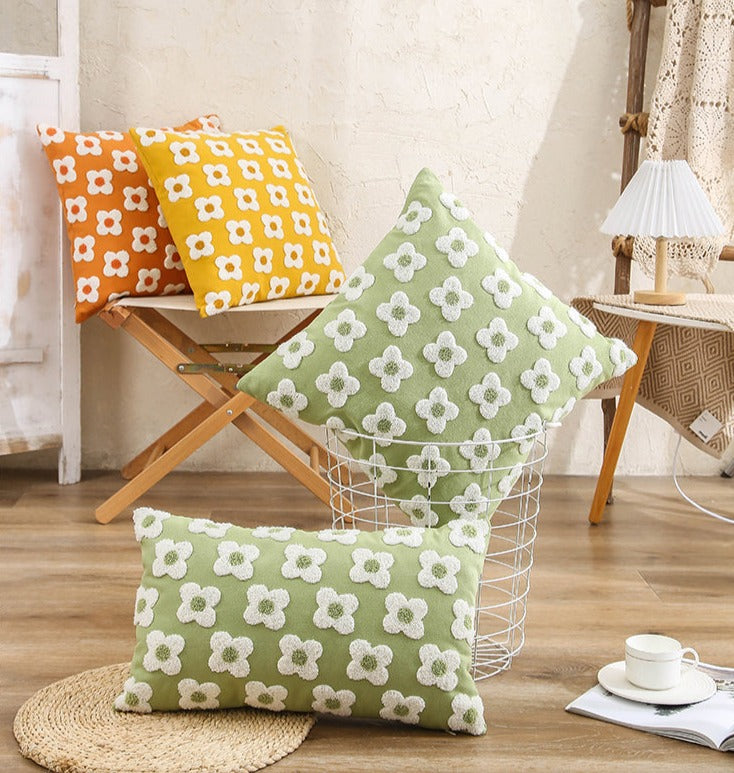 Premium Lumbar Pillow Cover with Embroidered Floral Design