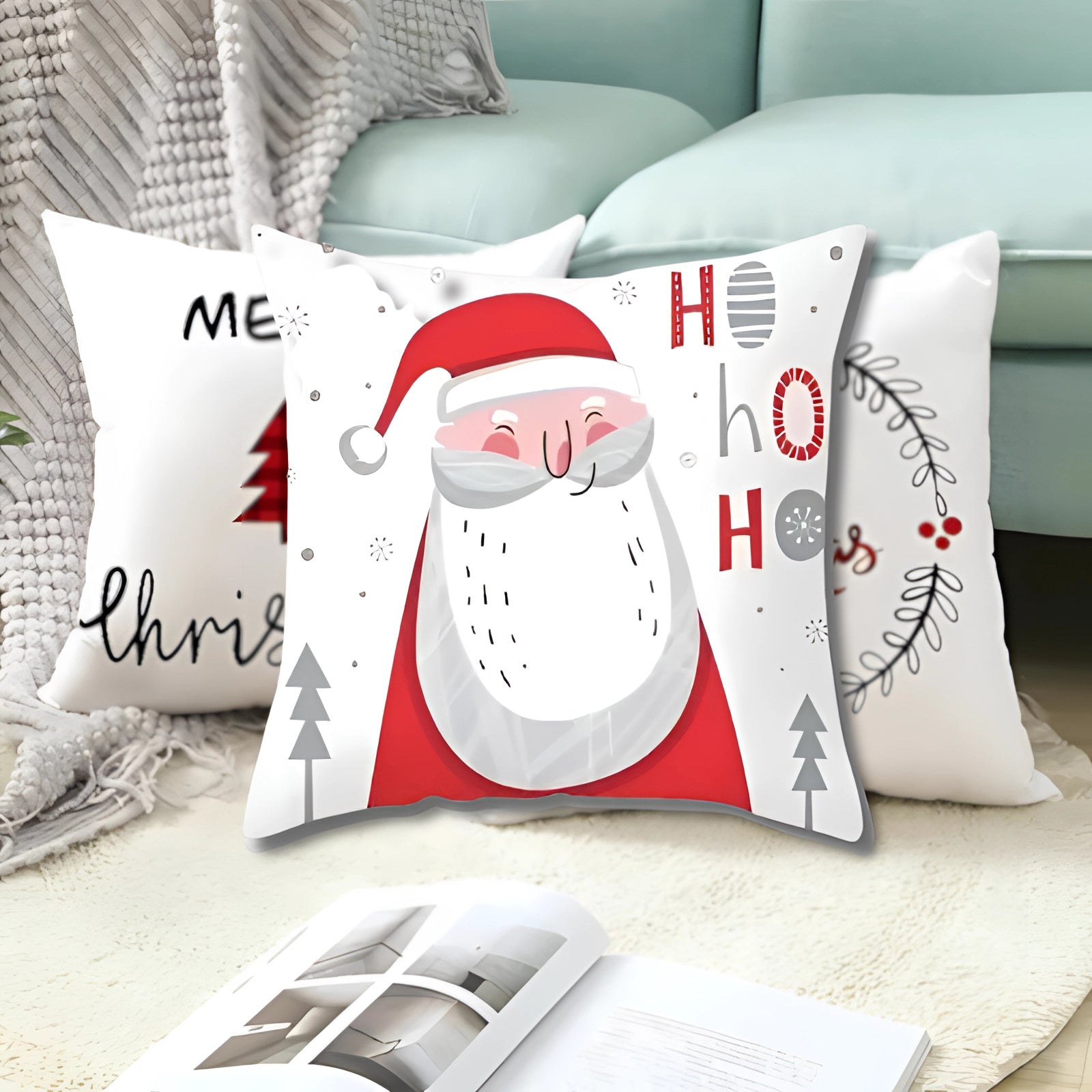 Christmas-themed rectangular cushion cover featuring a design of a reindeer and snowflakes on a white textile background, ideal for holiday decor and adding comfort to bedding.