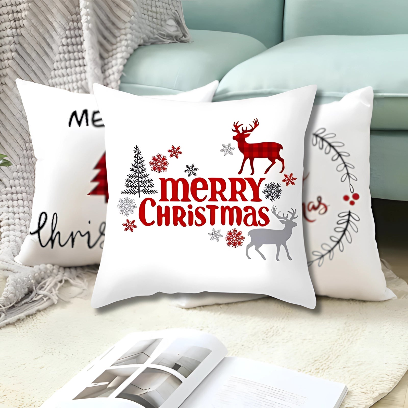 Christmas cushion cover featuring a reindeer and snowflake design, showcasing holiday-themed patterns on a soft, rectangular white pillow.