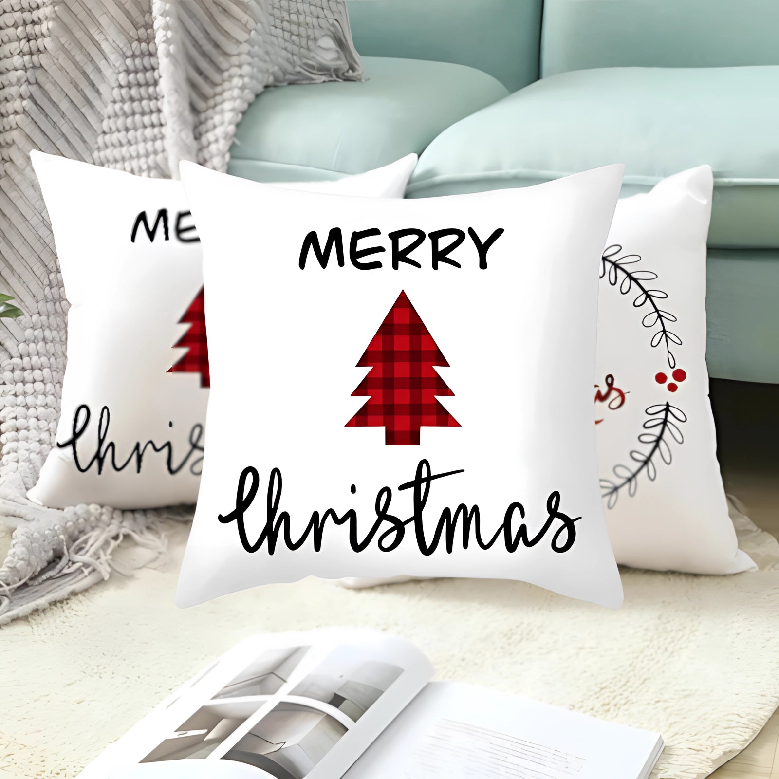Christmas-themed cushion cover featuring a reindeer and snowflake design, in rectangular shape, with white textile material and comfortable fabric, suitable for holiday decor.