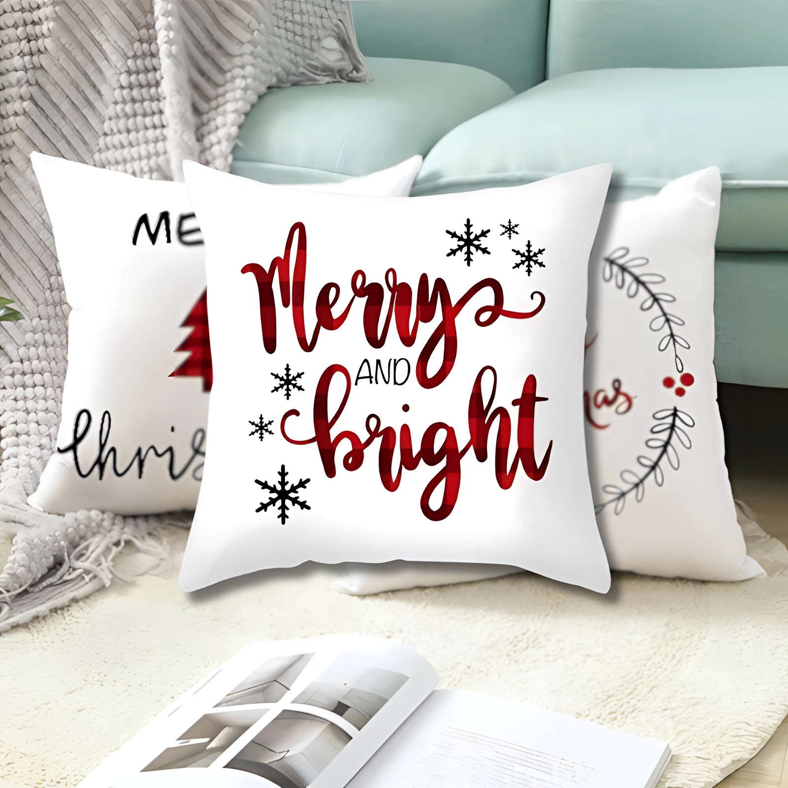 Christmas-themed cushion cover featuring a reindeer and snowflake design on a white rectangular pillow, ideal for holiday decor and adding comfort to a couch or studio couch setting.