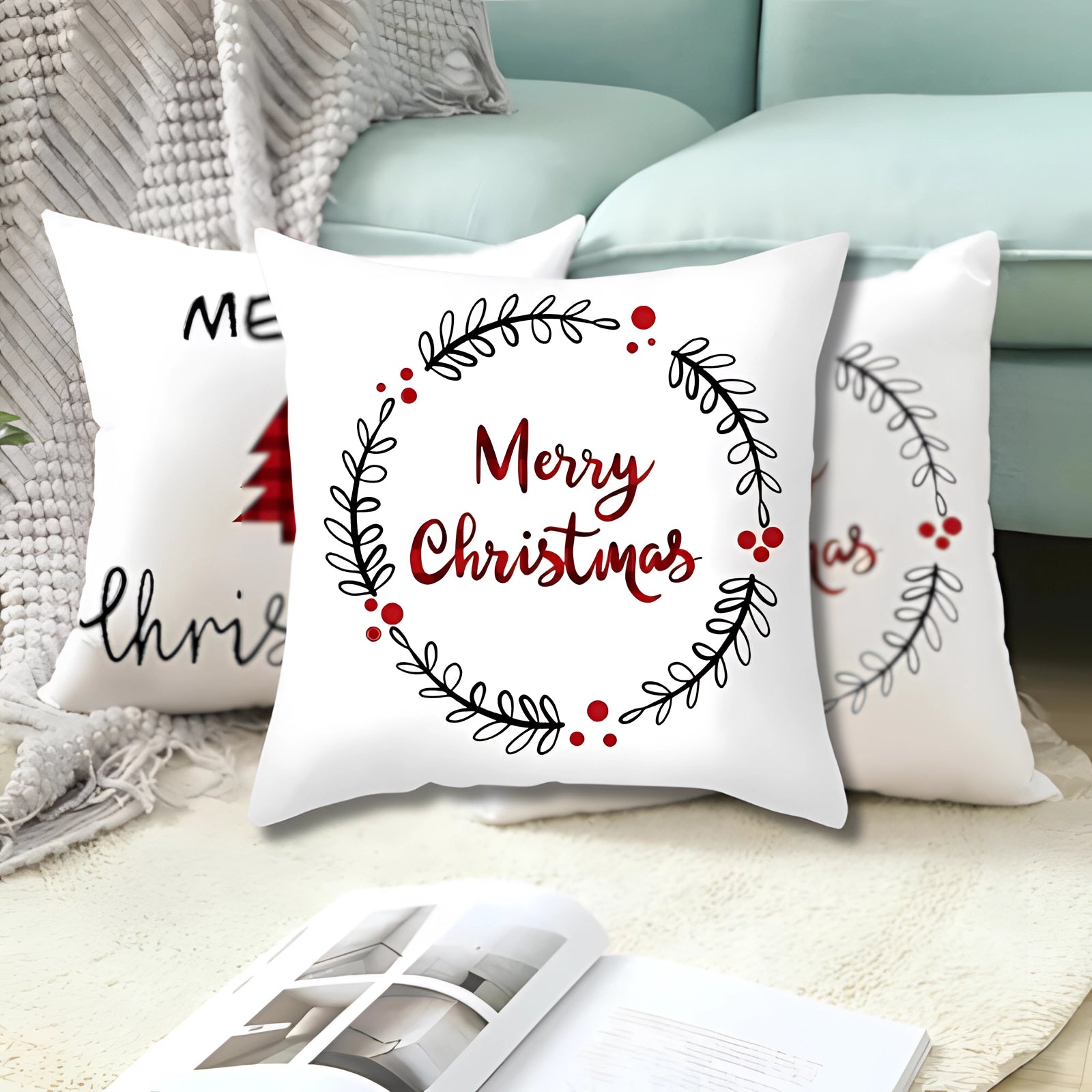 Christmas-themed cushion cover featuring reindeer and snowflake design on a rectangular pillow, made from comfortable white textile material.