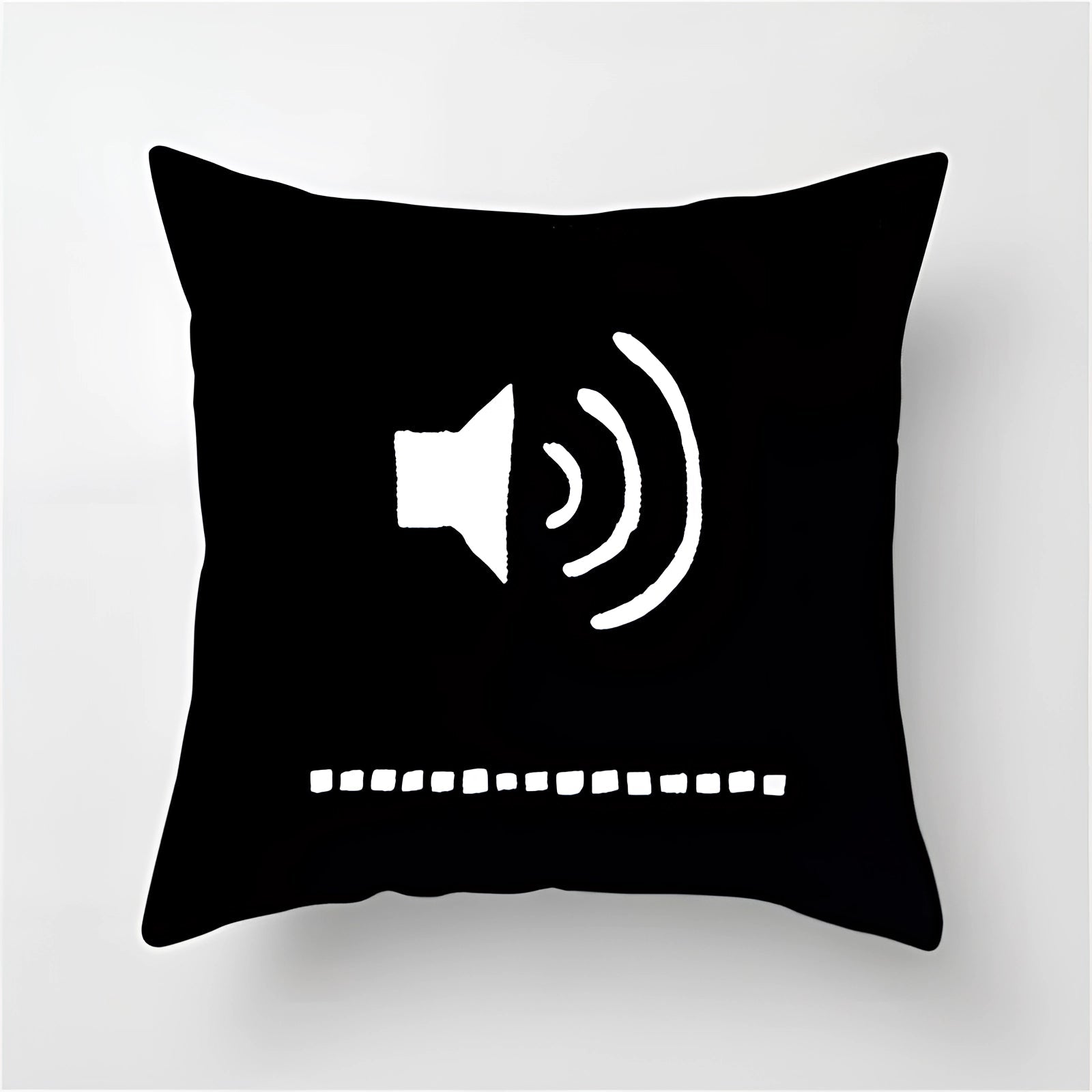 Modern geometric black and white pillow featuring an abstract pattern with symmetrical lines, triangles, and squares, measuring 60 x 60 cm.