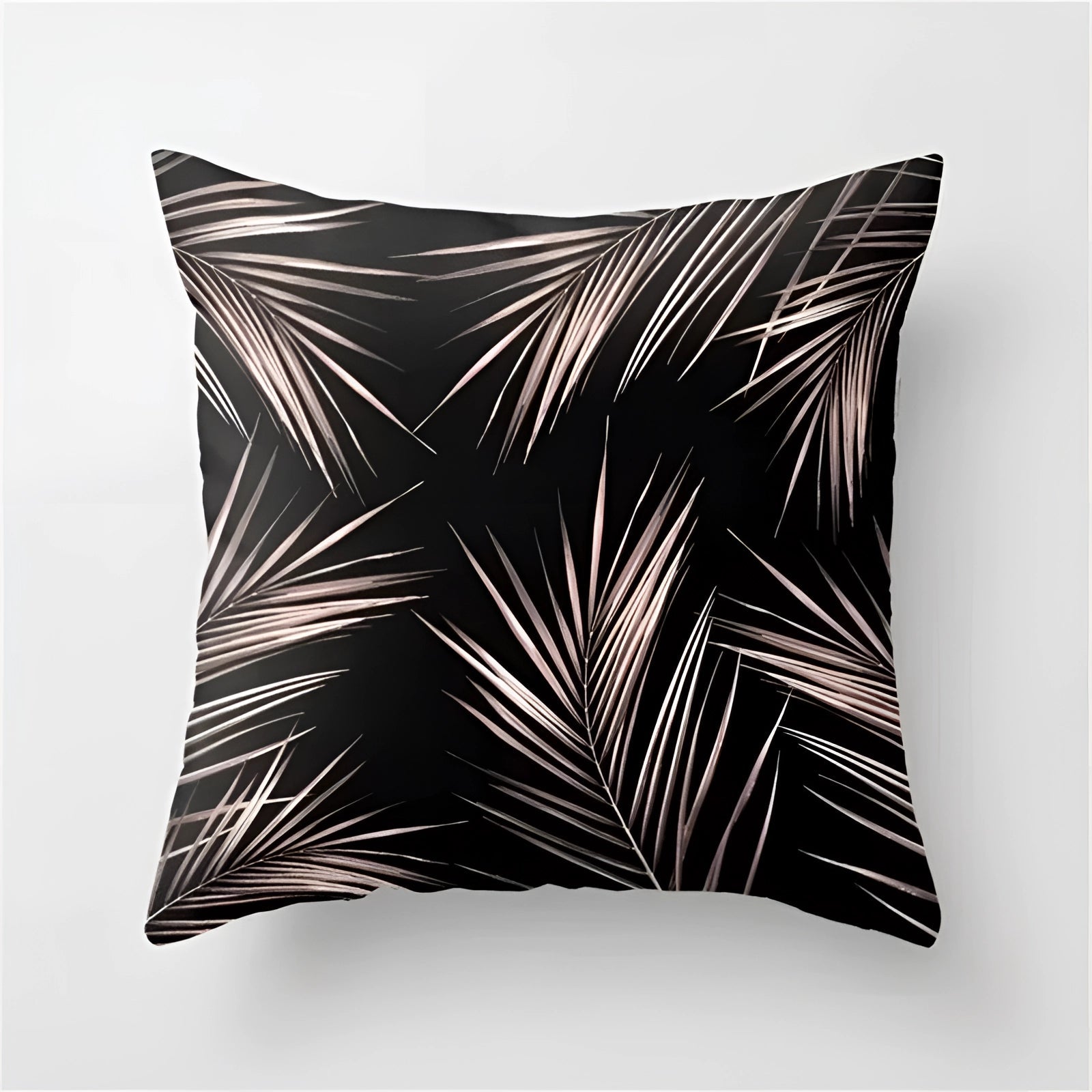 Modern geometric black and white pillow with abstract patterns featuring symmetrical designs of rectangles, triangles, and parallel lines, measuring 60 x 60 cm.