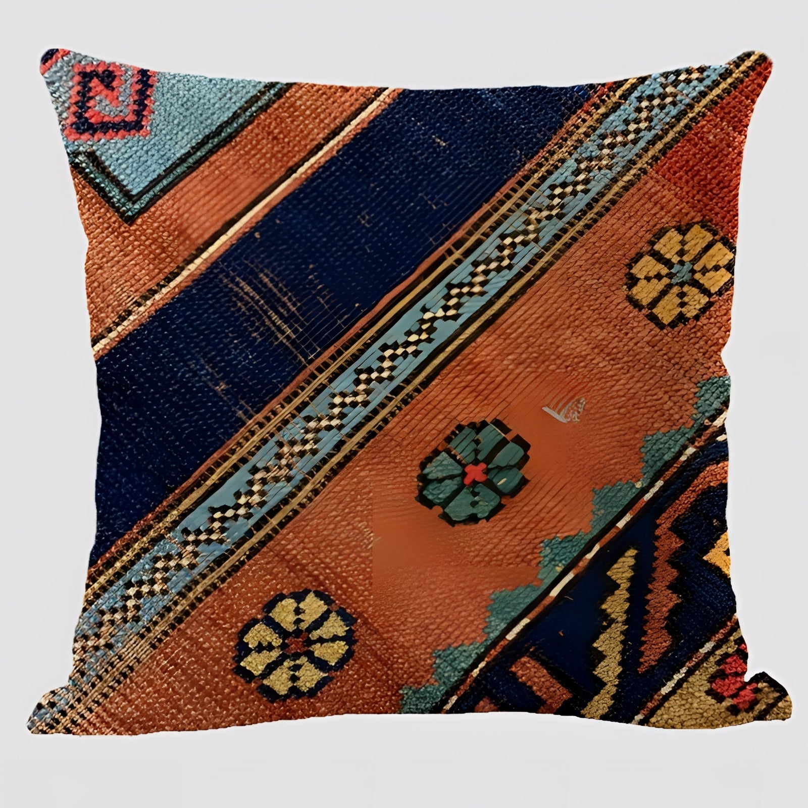 Handwoven Kilim cushion in a rectangular shape featuring an ethnic Bohemian pattern, suitable for Southwestern decor. The pillow is situated against a wooden background, showcasing its intricate textile design and vibrant colors.