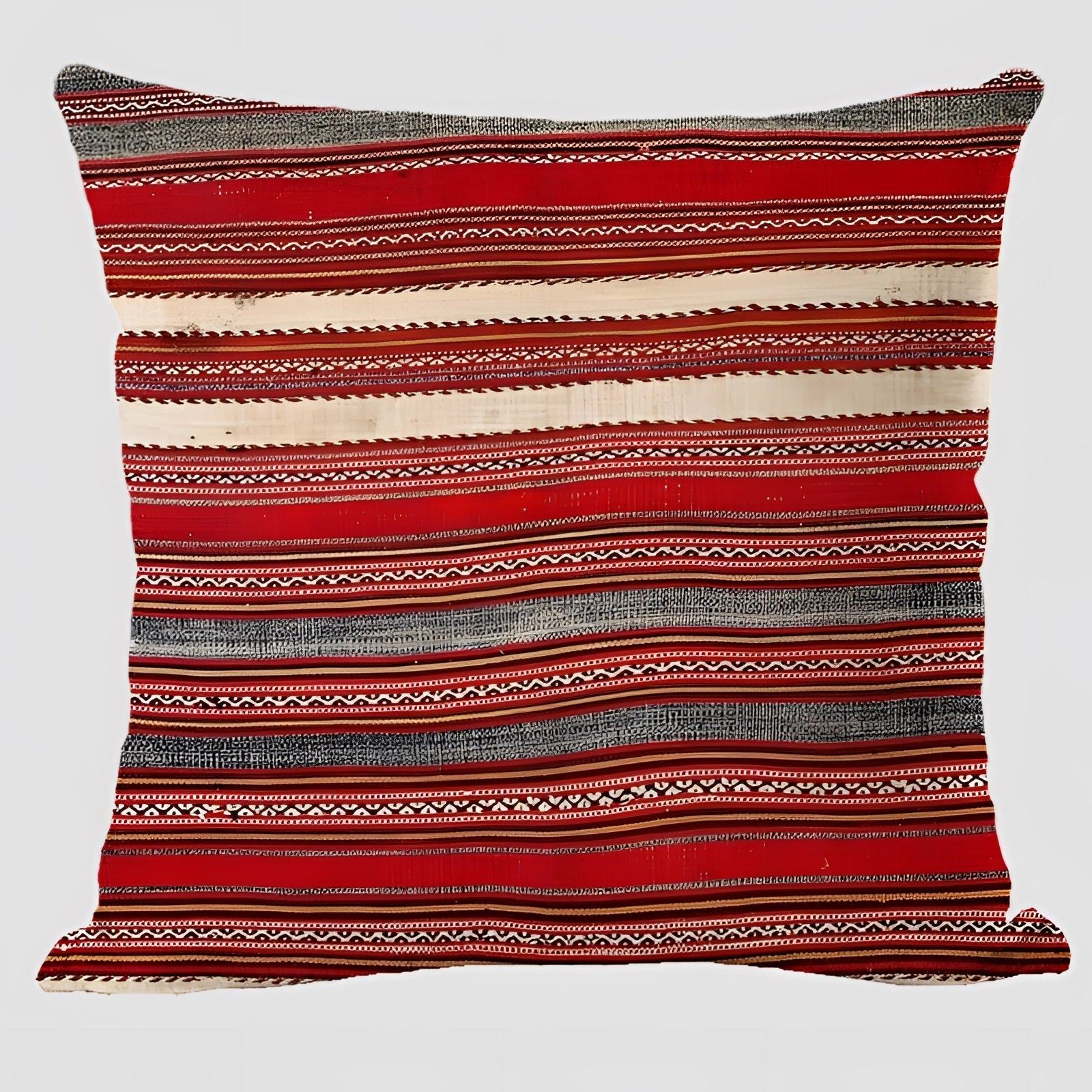 Handwoven Kilim cushion in a rectangular shape featuring an ethnic bohemian pattern with red and magenta hues, perfect for Southwestern decor.