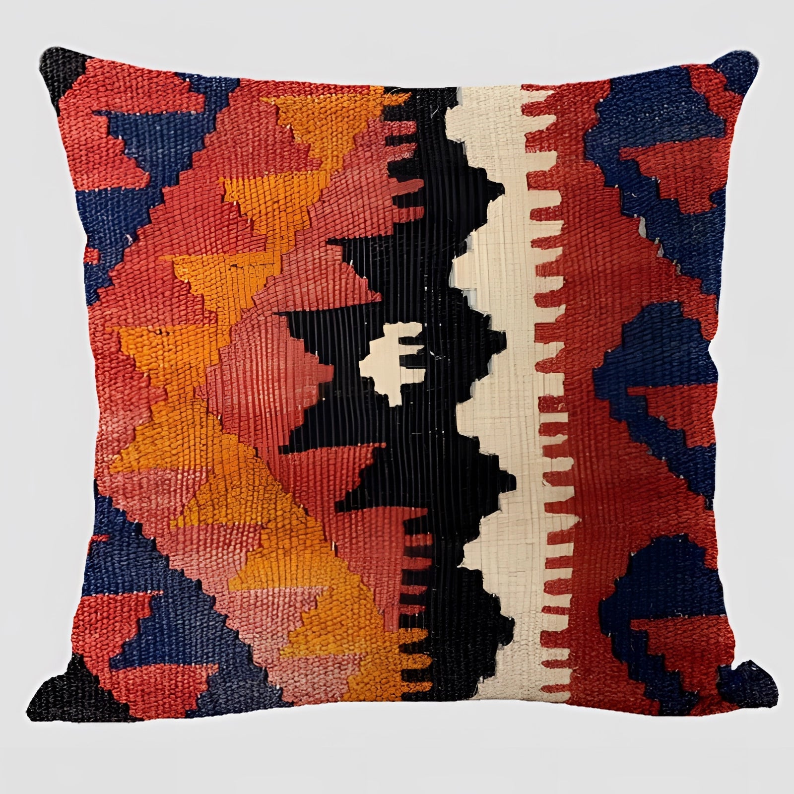 Handwoven Kilim Cushion in Style 3 featuring an ethnic bohemian pattern with magenta accents against a Southwestern decor backdrop. The rectangular pillow showcases intricate artistry ideal for adding cultural flair to any living space.
