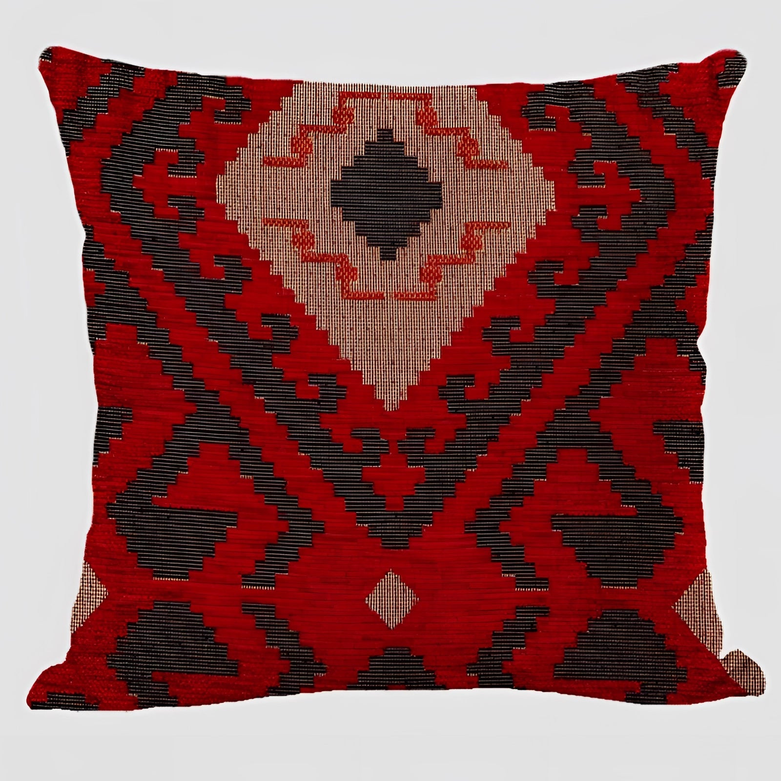 Handwoven Kilim cushion in a rectangular shape featuring ethnic Bohemian patterns, predominantly in brown tones, suitable for Southwestern decor.