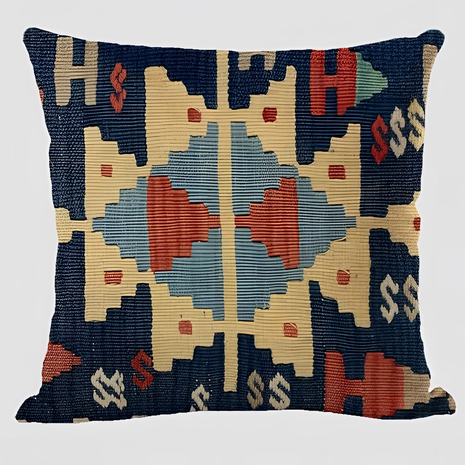 Handwoven Kilim cushion featuring an ethnic bohemian design with vibrant patterns and magenta accents, perfectly shaped in a rectangle to complement Southwestern decor.