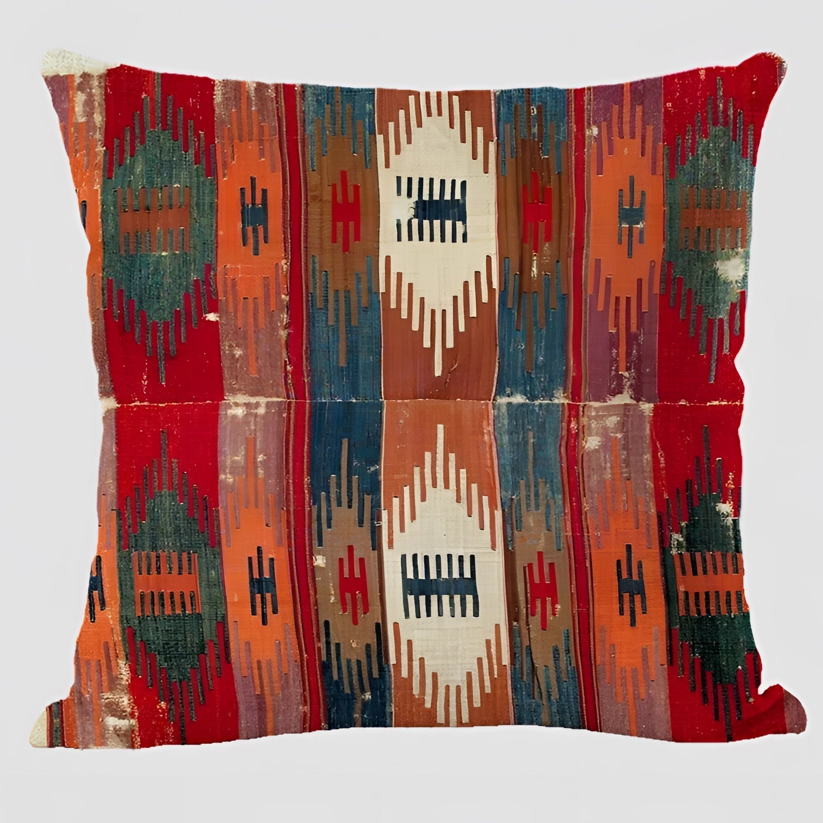 Handwoven kilim cushion featuring an ethnic bohemian pattern, ideal for southwestern decor, displayed on a chair. The rectangular pillow showcases intricate textile designs.