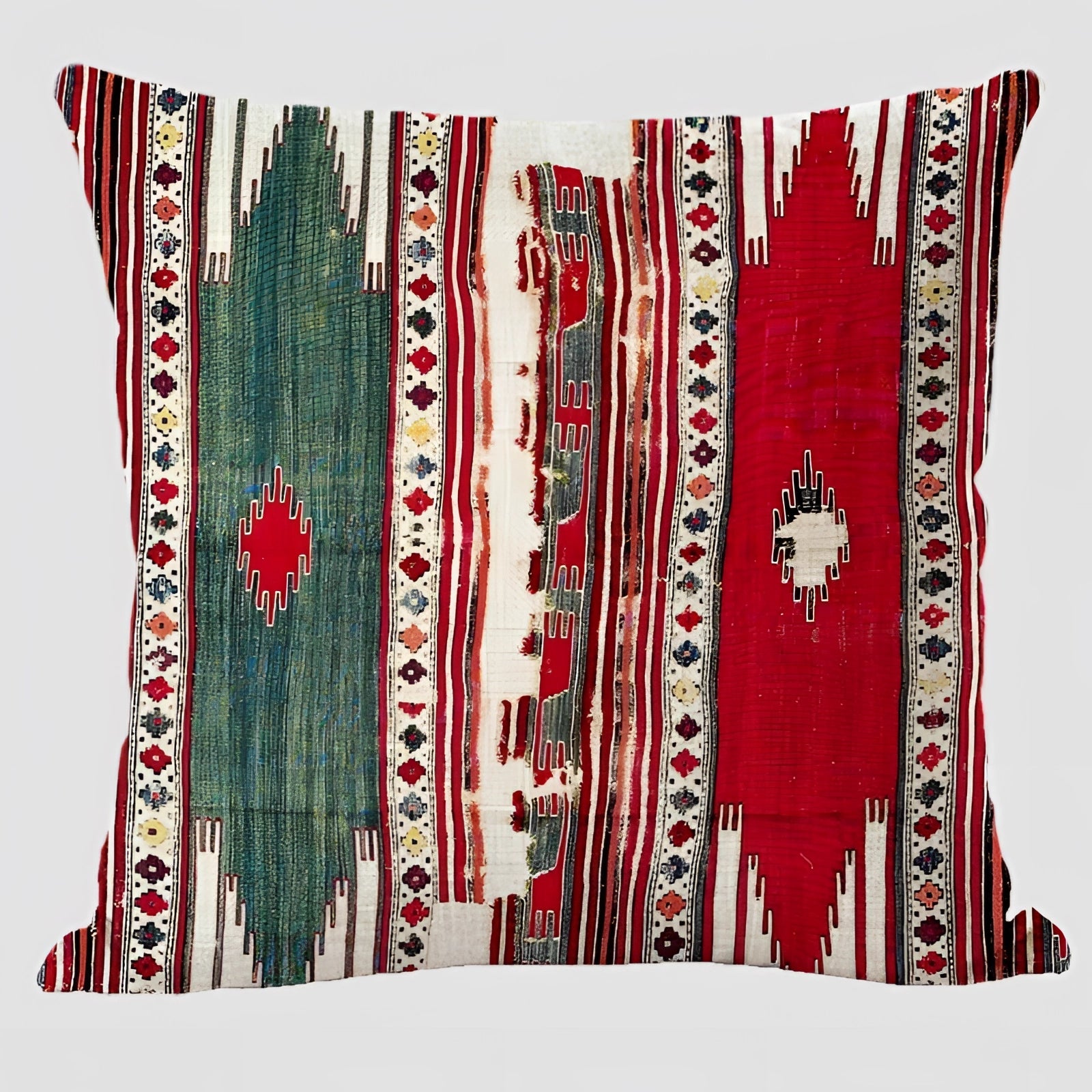 Handwoven kilim cushion with an ethnic bohemian pattern, featuring intricate textile design in woolen fabric. The rectangular pillow is ideal for southwestern decor.