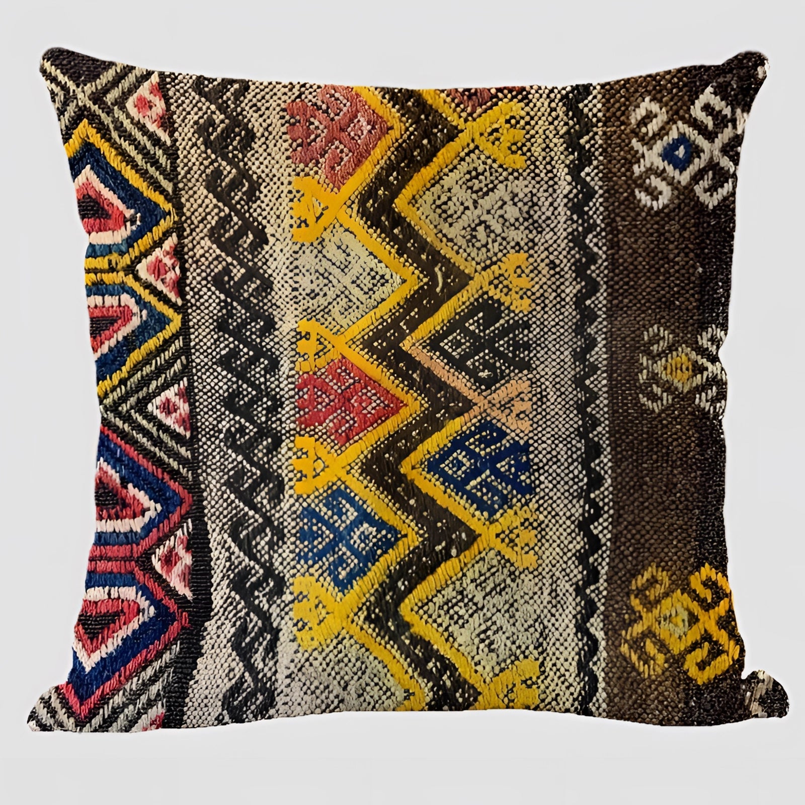 Handwoven Kilim Cushion in a rectangular shape featuring an ethnic bohemian pattern with geometric designs, including triangles and various tints and shades, suitable for Southwestern decor.