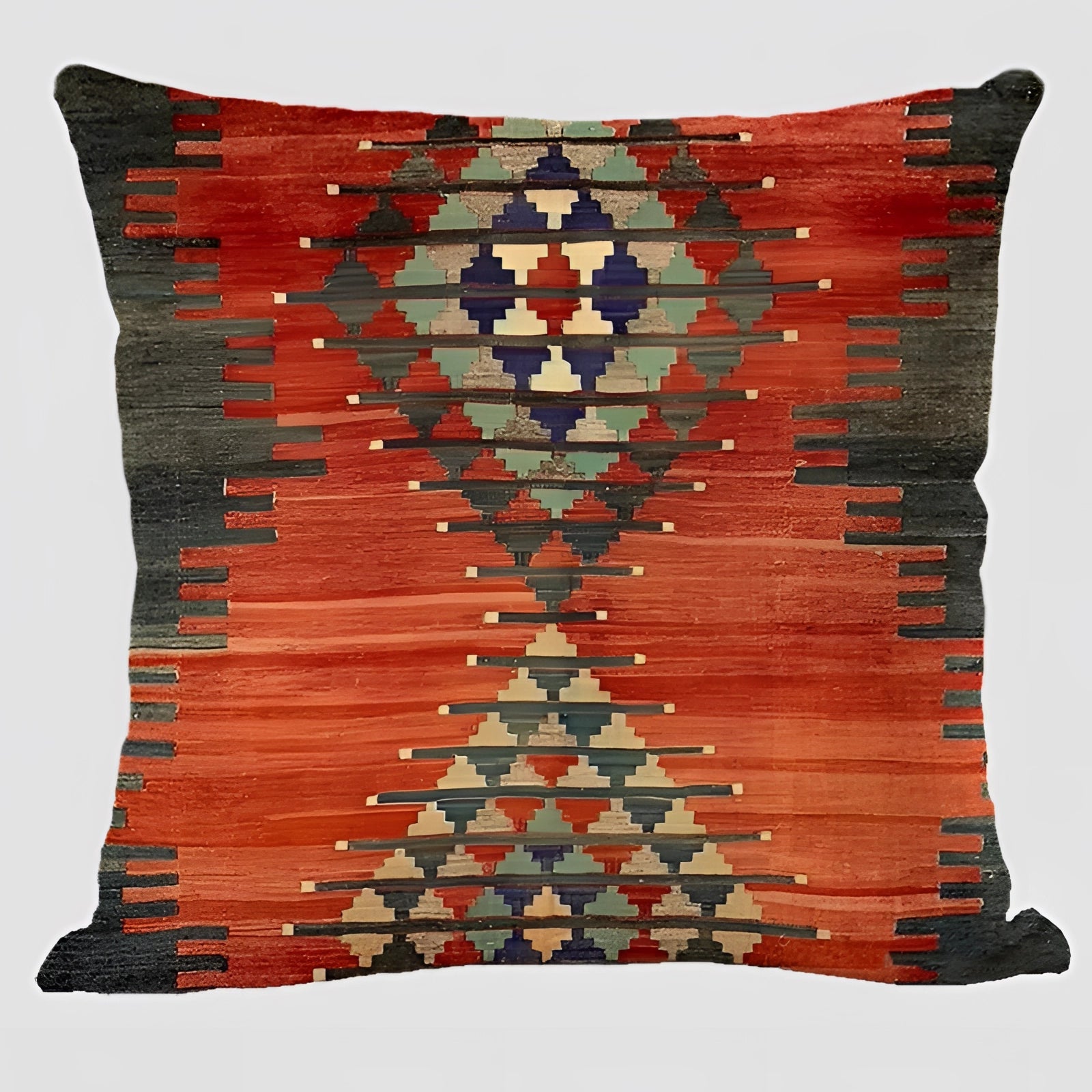 Handwoven kilim cushion in a rectangular shape featuring an ethnic bohemian pattern with vibrant orange hues, ideal for southwestern decor.