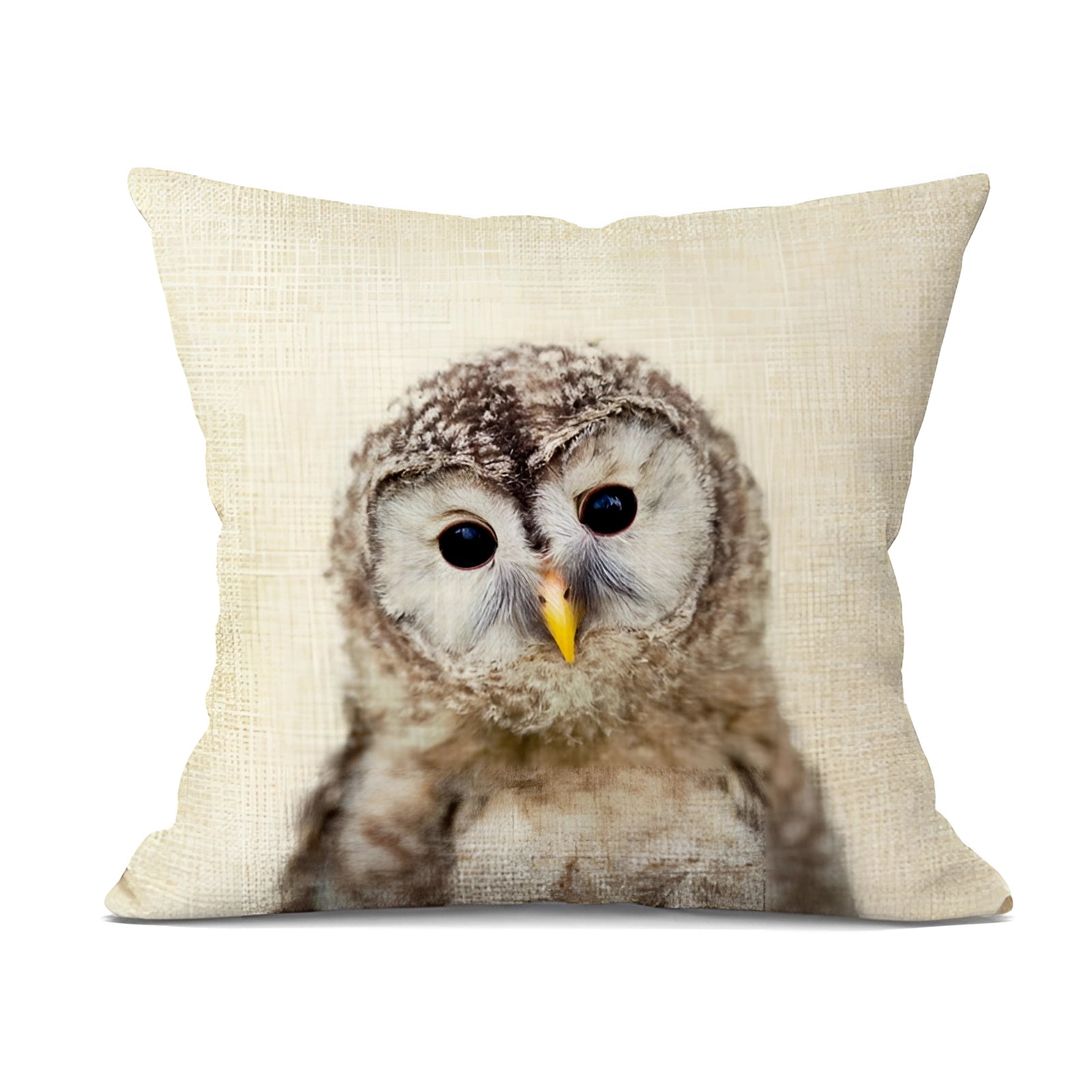Realistic owl throw pillow featuring a detailed depiction of an owl with prominent beak, set against a grey patterned textile surface, perfect for bird-themed decor.