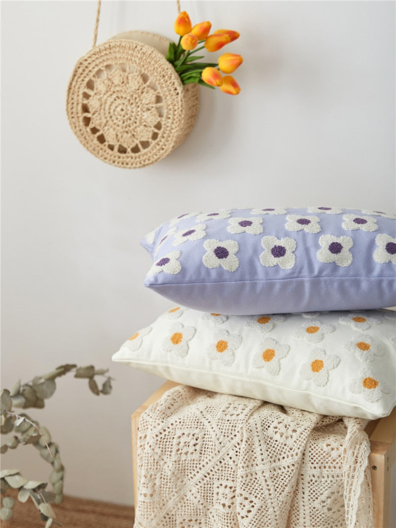 Premium Lumbar Pillow Cover with Embroidered Floral Design