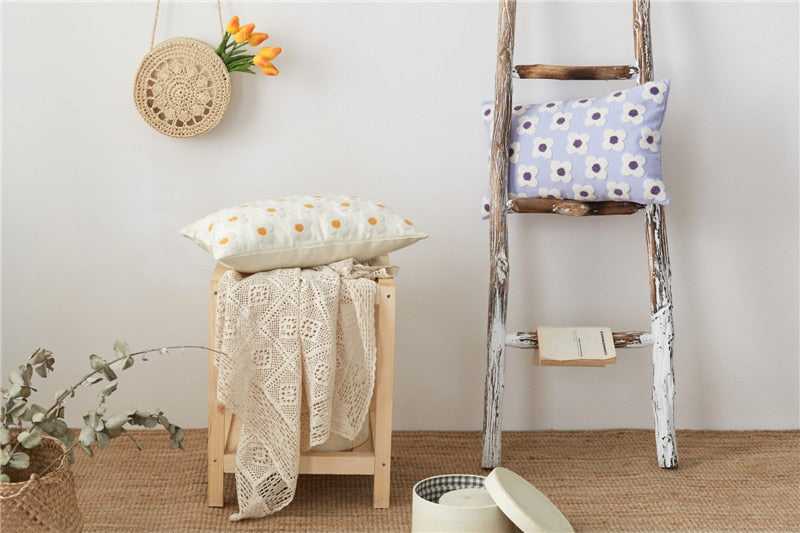 Premium Lumbar Pillow Cover with Embroidered Floral Design