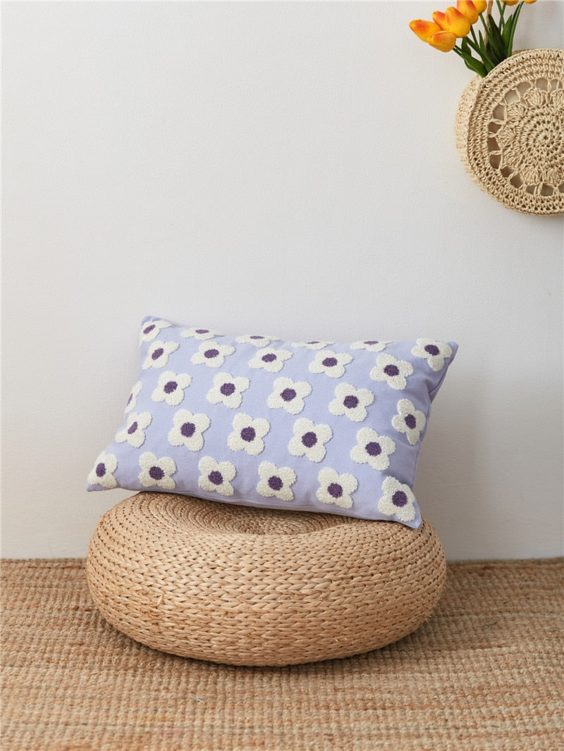 Premium Lumbar Pillow Cover with Embroidered Floral Design